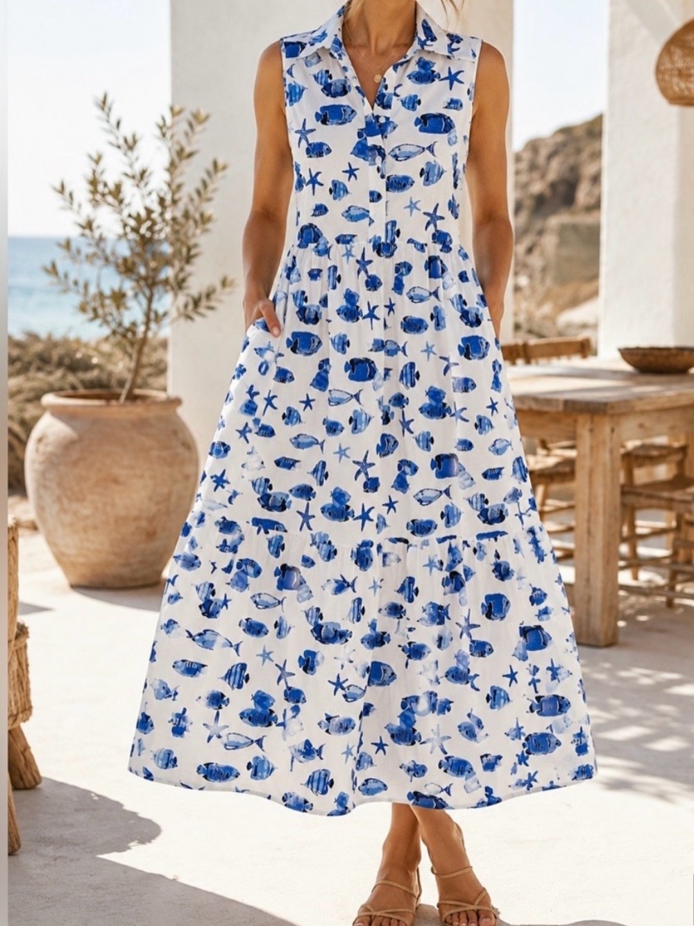 Rachel Zoe Nautical Shirt Dress L Maxi Tiered Sleeveless Fish Starfish